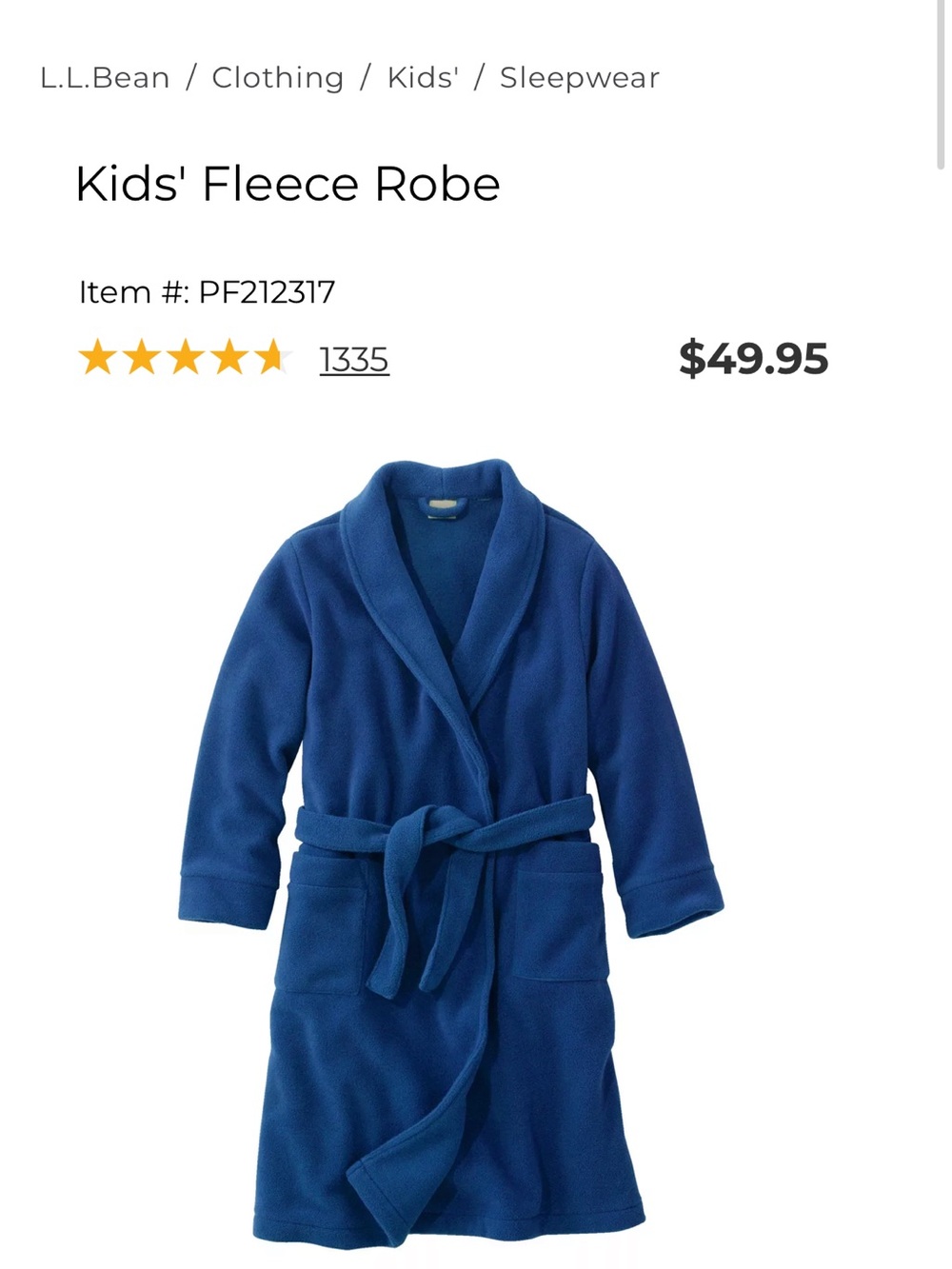 L.L. Bean Kids Fleece Robe 10/12